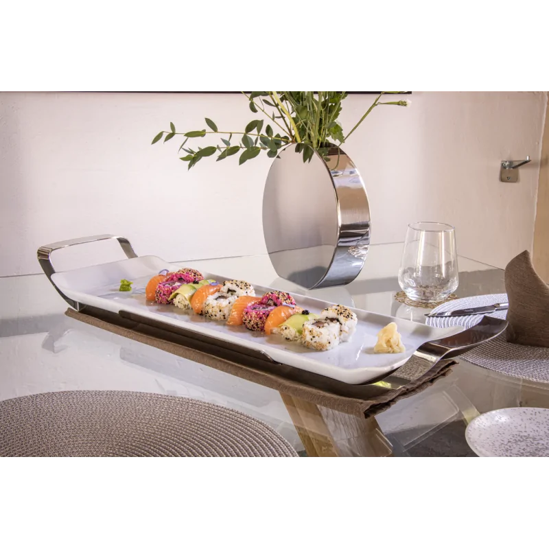 Polished Rectangular Porcelain Dish With Stainless Steel Holder - 53 X 20 H: 3.5 cm