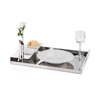 Polished Tray With 2 Porcelain Dishes and 1 Flower Vase - 46 x 33 cm H: 4 cm