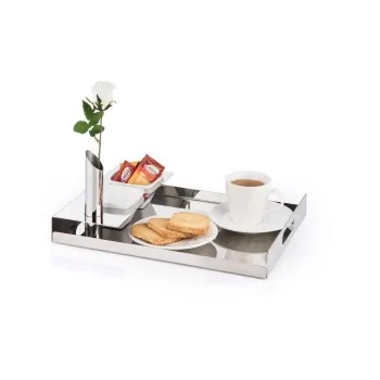 Polished Tray With 2 Squared Porcelain Dishes and 1 Flower Vase - 38.5 x 27.5 cm H: 4 cm