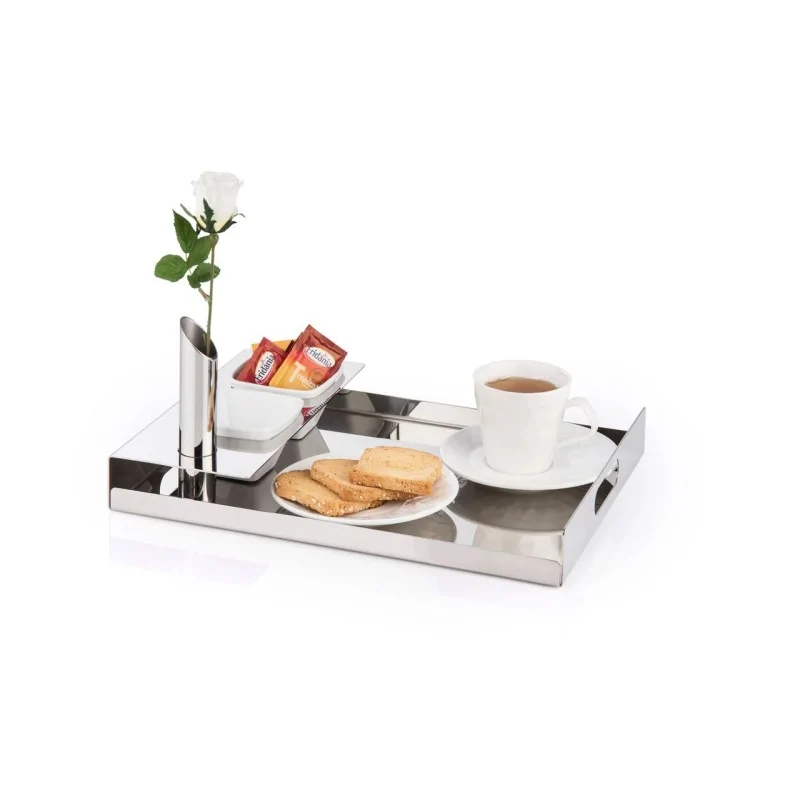 Polished Tray With 2 Squared Porcelain Dishes and 1 Flower Vase - 38.5 x 27.5 cm H: 4 cm Polished Tray With 2 Squared Porcelain Dishes and 1 Flower Vase - 38.5 x 27.5 cm H: 4 cm