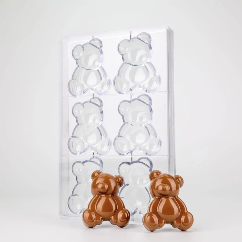 Professional Polycarbonate Mallow Teddy Bear Chocolate Mold - 80 mm x 64.5 mm x h 22.5 mm - 56gr - 6 Cavities Professional Polycarbonate Mallow Teddy Bear Chocolate Mold - 80 mm x 64.5 mm x h 22.5 mm - 56gr - 6 Cavities