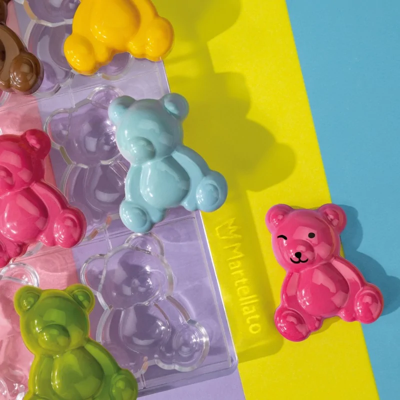Professional Polycarbonate Mallow Teddy Bear Chocolate Mold - 80 mm x 64.5 mm x h 22.5 mm - 56gr - 6 Cavities Professional Polycarbonate Mallow Teddy Bear Chocolate Mold - 80 mm x 64.5 mm x h 22.5 mm - 56gr - 6 Cavities