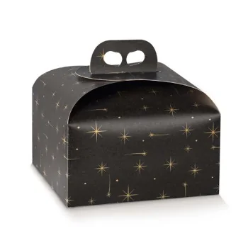 Deluxe Black and Gold Stars Panettone Carboard Box with handle - 245 mm x 245 mm x 130 mm - 25 pcs