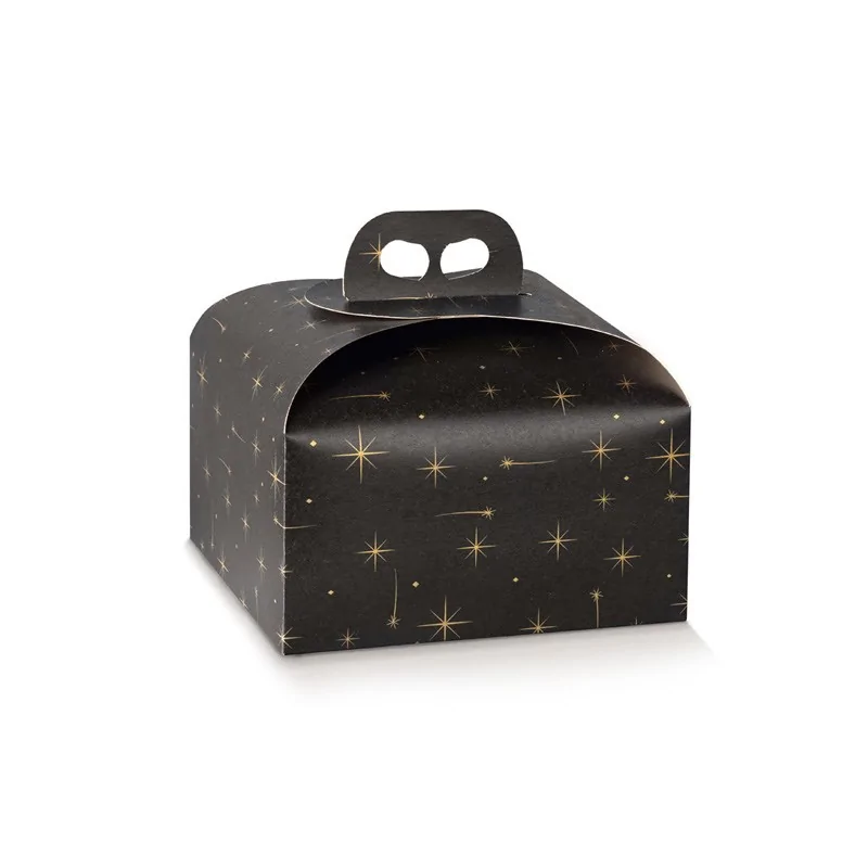 Deluxe Black and Gold Stars Panettone Carboard Box with handle - 245 mm x 245 mm x 130 mm - 25 pcs Deluxe Black and Gold Stars Panettone Carboard Box with handle - 245 mm x 245 mm x 130 mm - 25 pcs