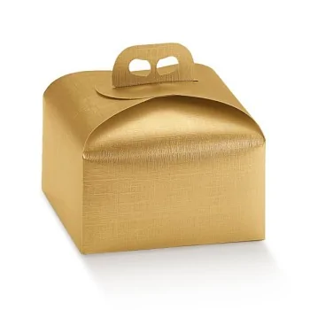 Gold Fiber Linen Texture Panettone Cardboard Box with Handle - 245 mm x 245 mm x 130 mm - Pack of 25