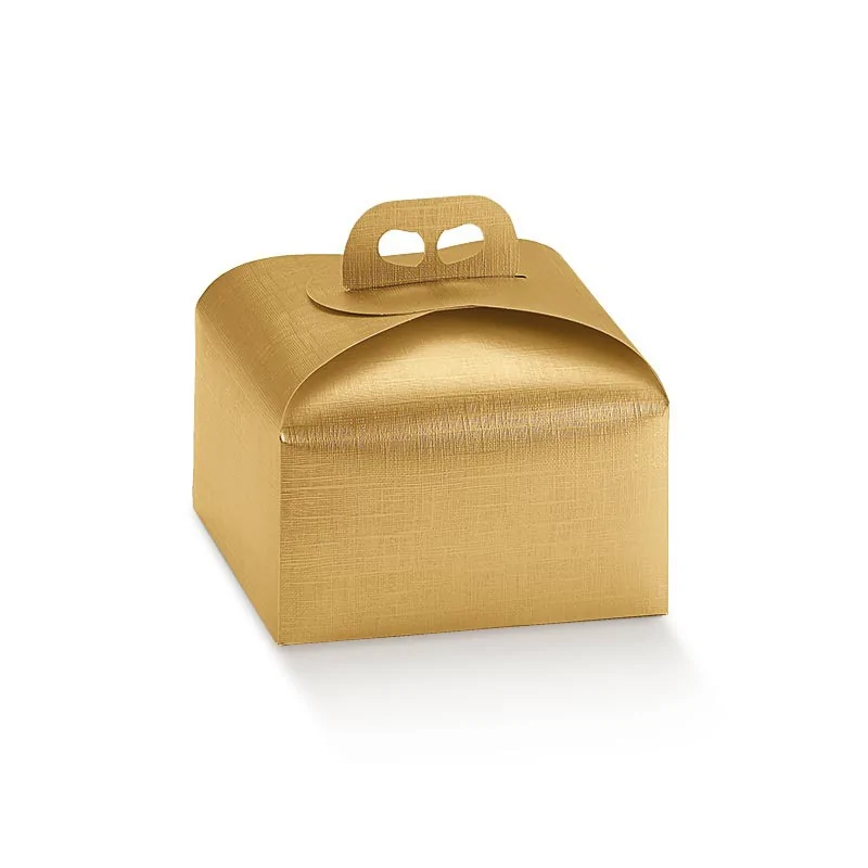 Gold Fiber Linen Texture Panettone Cardboard Box with Handle - 245 mm x 245 mm x 130 mm - Pack of 25 Gold Fiber Linen Texture Panettone Cardboard Box with Handle - 245 mm x 245 mm x 130 mm - Pack of 25