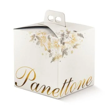 White Panettone Cardboard Box with Gold Lettering and Winter Design with Handle - 210mm x 210mm x 220mm - Pack of 25