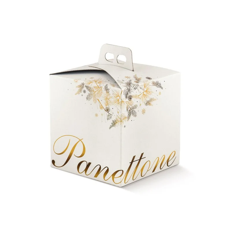 White Panettone Cardboard Box with Gold Lettering and Winter Design with Handle - 210mm x 210mm x 220mm - Pack of 25