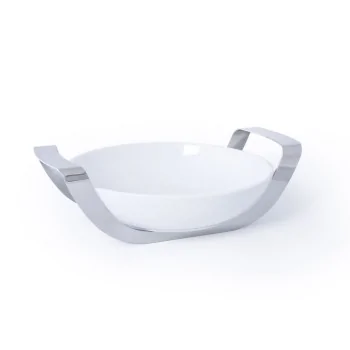 Polished Round Porcelain Dish With Stainless Steel Holder - Dia: 37 H: 8 cm
