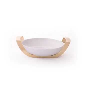 Gold Round Porcelain Dish With Stainless Steel Holder - Dia: 37 H: 8 cm