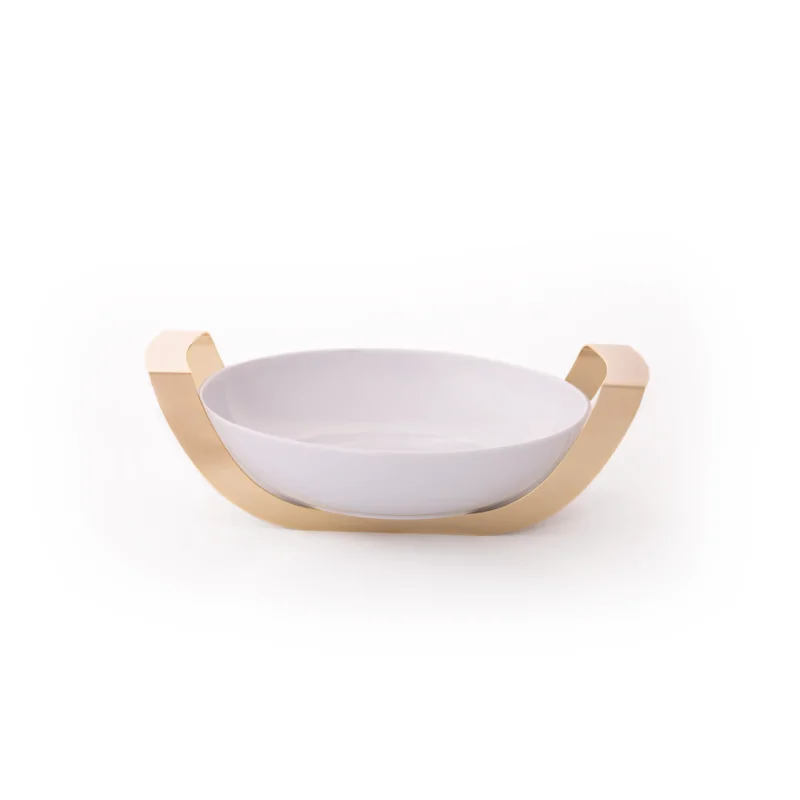 Gold Round Porcelain Dish With Stainless Steel Holder - Dia: 37 H: 8 cm