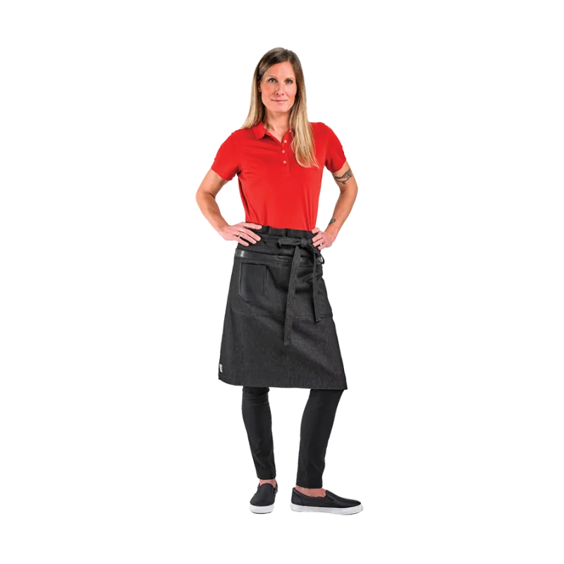 Barfly Wyatt Mid-Bistro Apron - Black Denim With Black Leather Accents Barfly Wyatt Mid-Bistro Apron - Black Denim With Black Leather Accents