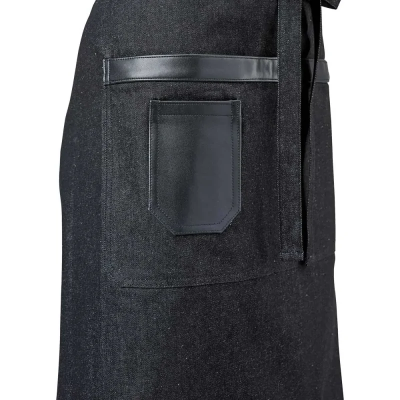 Barfly Wyatt Mid-Bistro Apron - Black Denim With Black Leather Accents Barfly Wyatt Mid-Bistro Apron - Black Denim With Black Leather Accents