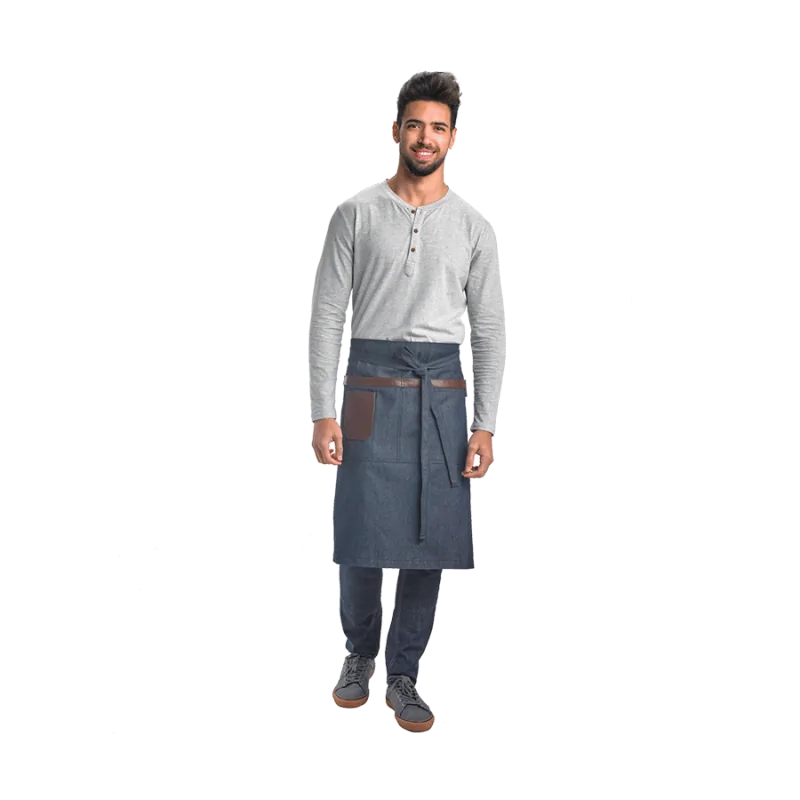 Barfly Wyatt Mid-Bistro Apron - Indigo Denim With Brown Leather Accents Barfly Wyatt Mid-Bistro Apron - Indigo Denim With Brown Leather Accents