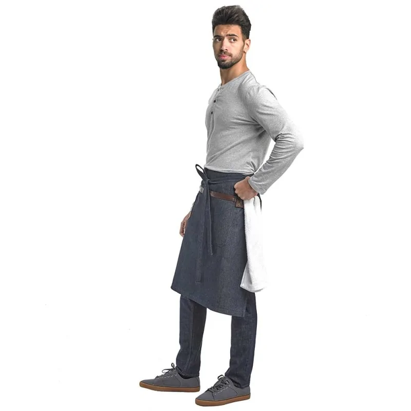Barfly Wyatt Mid-Bistro Apron - Indigo Denim With Brown Leather Accents Barfly Wyatt Mid-Bistro Apron - Indigo Denim With Brown Leather Accents