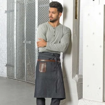 Barfly Wyatt Mid-Bistro Apron - Indigo Denim With Brown Leather Accents