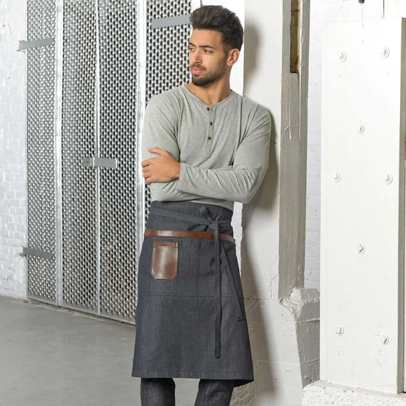 Barfly Wyatt Mid-Bistro Apron - Indigo Denim With Brown Leather Accents Barfly Wyatt Mid-Bistro Apron - Indigo Denim With Brown Leather Accents