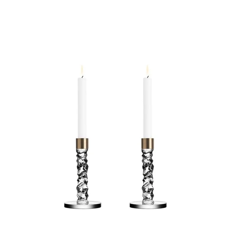 Orrefors Carat Crystal Candlestick Pair Small Brass Orrefors Carat Crystal Candlestick Pair Small Brass