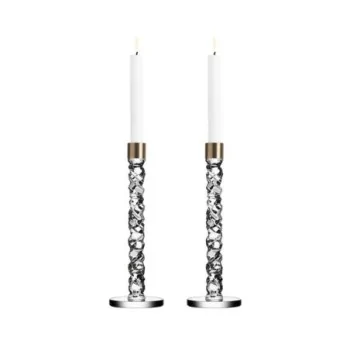 Orrefors Carat Crystal Candlestick Pair Large Brass