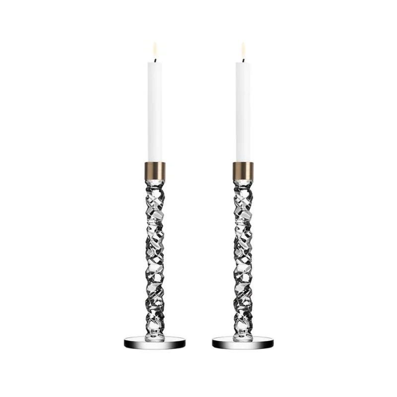 Orrefors Carat Crystal Candlestick Pair Large Brass Orrefors Carat Crystal Candlestick Pair Large Brass
