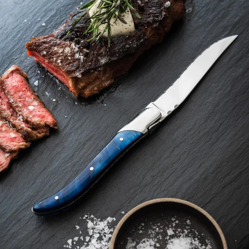 Bon Chef Laguiole Steak Knife - 8 - 7/8" Overall Length - 4" Blade - 13/0 Stainless Steel Blade - Blue Handle - Set of 12