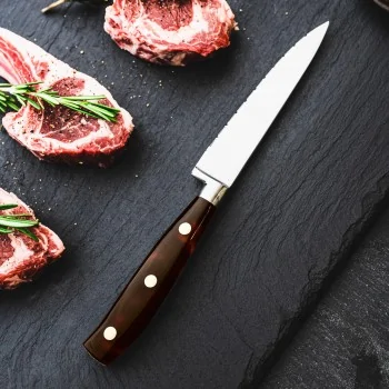 Bon Chef Steak Knife - 9.75"L - 5" Micro - Serrated Pointed Tip Blade - Amber Swirl Acrylic Handle - Set of 12