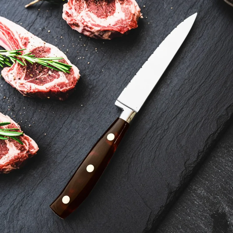 Bon Chef Steak Knife - 9.75"L - 5" Micro - Serrated Pointed Tip Blade - Amber Swirl Acrylic Handle - Set of 12 Bon Chef Steak Knife - 9.75"L - 5" Micro - Serrated Pointed Tip Blade - Amber Swirl Acrylic Handle - Set of 12