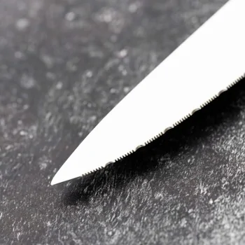 Bon Chef Steak Knife - 9.75"L - 5" Micro - Serrated Pointed Tip Blade - Amber Swirl Acrylic Handle - Set of 12