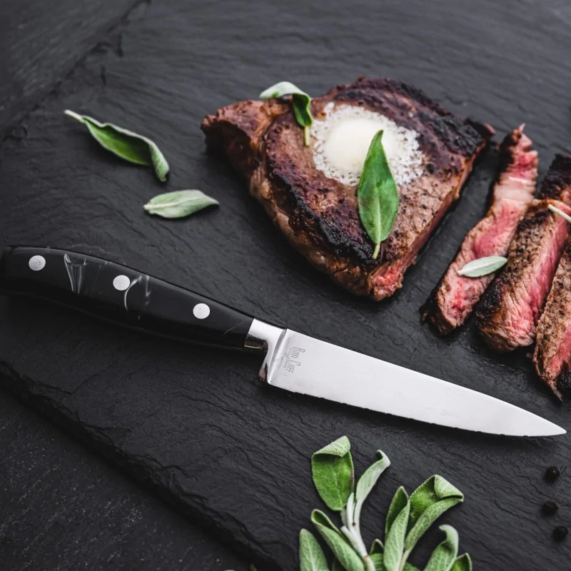 Bon Chef Steak Knife - 9.75"L - 5" Micro - Serrated Pointed Tip Blade - Black Swirl Acrylic Handle - Set of 12 Bon Chef Steak Knife - 9.75"L - 5" Micro - Serrated Pointed Tip Blade - Black Swirl Acrylic Handle - Set of 12