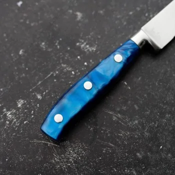 Bon Chef Steak Knife - 9.75"L - 5" Micro - Serrated Pointed Tip Blade - Blue Swirl Acrylic Handle - Set of 12