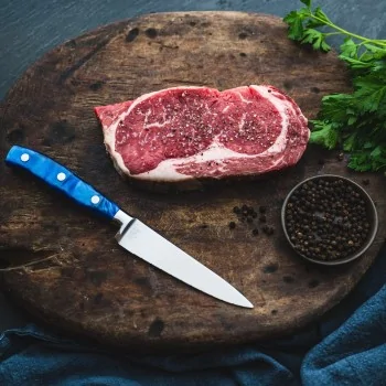 Bon Chef Steak Knife - 9.75"L - 5" Micro - Serrated Pointed Tip Blade - Blue Swirl Acrylic Handle - Set of 12