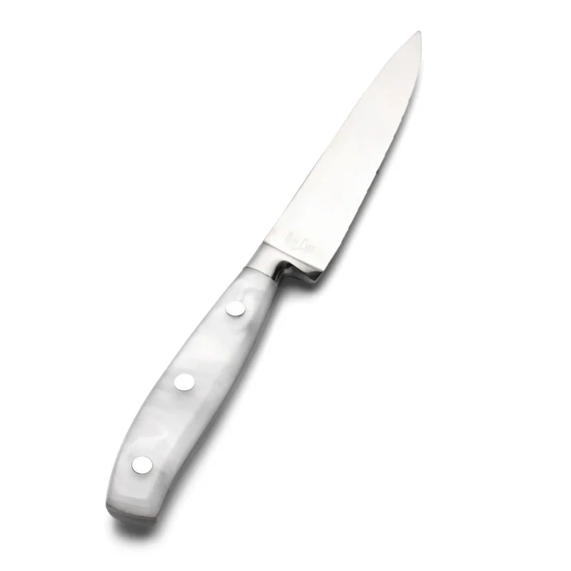Bon Chef Steak Knife - 9.75"L - 5" Micro - Serrated Pointed Tip Blade - White Swirl Acrylic Handle - Set of 12 Bon Chef Steak Knife - 9.75"L - 5" Micro - Serrated Pointed Tip Blade - White Swirl Acrylic Handle - Set of 12