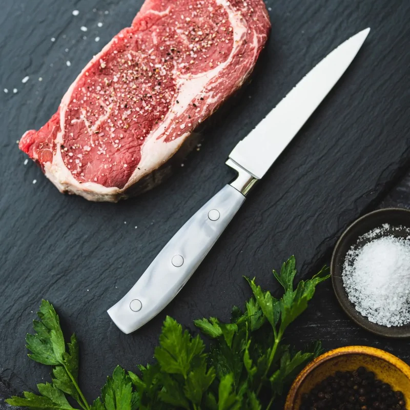 Bon Chef Steak Knife - 9.75"L - 5" Micro - Serrated Pointed Tip Blade - White Swirl Acrylic Handle - Set of 12 Bon Chef Steak Knife - 9.75"L - 5" Micro - Serrated Pointed Tip Blade - White Swirl Acrylic Handle - Set of 12