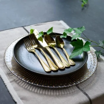 Bon Chef Positano Dinner Knife - Euro - 9.4" - Solid Handle - Gold PVD - Hammered Finish - Set of 12