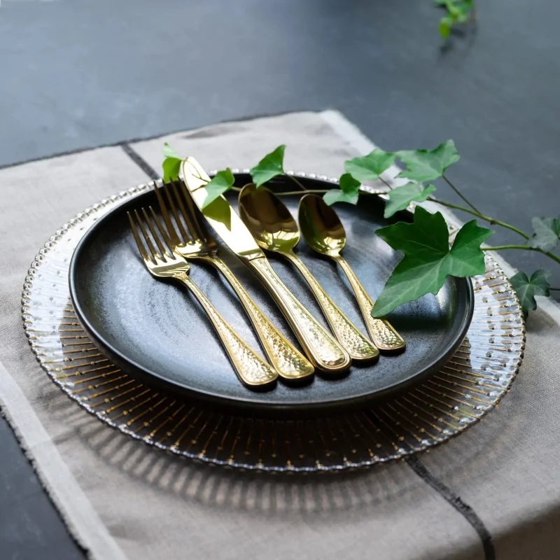 Bon Chef Positano Dinner Knife - Euro - 9.4" - Solid Handle - Gold PVD - Hammered Finish - Set of 12