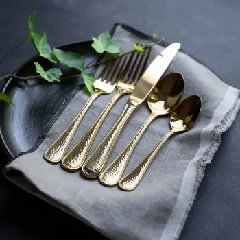 Bon Chef Positano Oval Bowl Soup/Dessert Spoon - 7.3" - Gold PVD - Hammered Finish - Set of 12