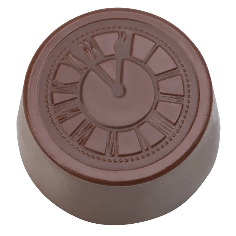 Thermoformed Polycarbonate Praline Chocolate Clock Mold - 28 cavity - 29 mm x 29 mm x h 14.8 mm - 10gr Thermoformed Polycarbonate Praline Chocolate Clock Mold - 28 cavity - 29 mm x 29 mm x h 14.8 mm - 10gr