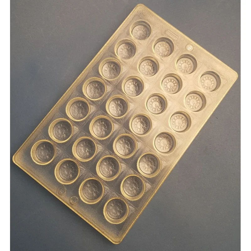 Thermoformed Polycarbonate Praline Chocolate Clock Mold - 28 cavity - 29 mm x 29 mm x h 14.8 mm - 10gr Thermoformed Polycarbonate Praline Chocolate Clock Mold - 28 cavity - 29 mm x 29 mm x h 14.8 mm - 10gr