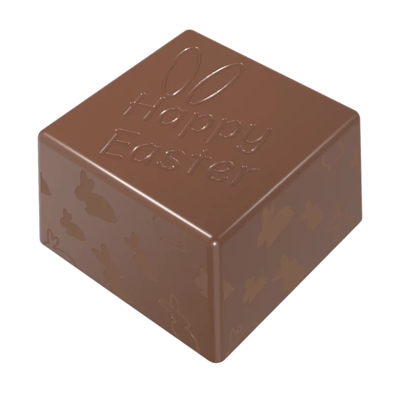 Thermoformed Polycarbonate Square Praline Chocolate Mold - Happy Easter - 28 cavity - 25 mm x 25 mm x h 15 mm - 10gr Thermoformed Polycarbonate Square Praline Chocolate Mold - Happy Easter - 28 cavity - 25 mm x 25 mm x h 15 mm - 10gr