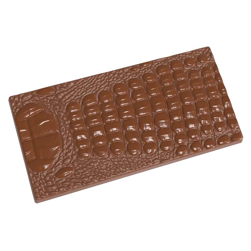 Thermoformed Polycarbonate Chocolate Tablet Mold - Crocodile - 3 cavity - 140 mm x 70 mm x h 8.4 mm - 80gr Thermoformed Polycarbonate Chocolate Tablet Mold - Crocodile - 3 cavity - 140 mm x 70 mm x h 8.4 mm - 80gr
