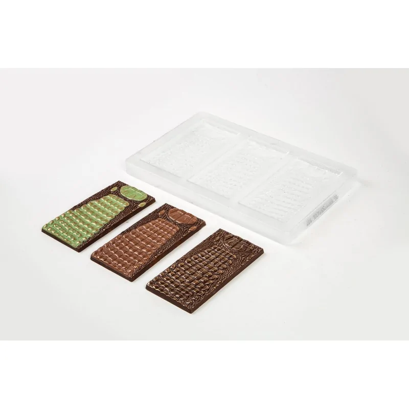 Thermoformed Polycarbonate Chocolate Tablet Mold - Crocodile - 3 cavity - 140 mm x 70 mm x h 8.4 mm - 80gr Thermoformed Polycarbonate Chocolate Tablet Mold - Crocodile - 3 cavity - 140 mm x 70 mm x h 8.4 mm - 80gr