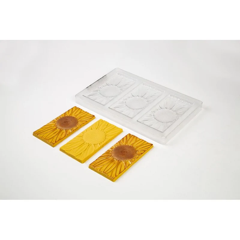 Thermoformed Polycarbonate Sunflower Chocolate Tablet Mold - 3 cavity - 140 mm x 70 mm x h 9.3 mm -80gr Thermoformed Polycarbonate Sunflower Chocolate Tablet Mold - 3 cavity - 140 mm x 70 mm x h 9.3 mm -80gr