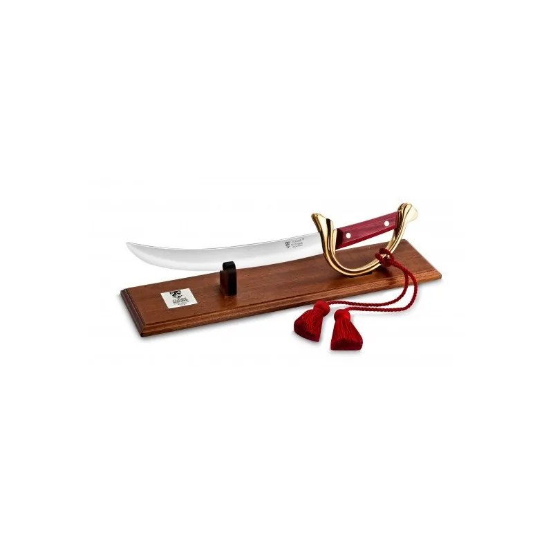 Claude Dozorme Champagne Saber Ney Handle, Red, on Mahogany Base Claude Dozorme Champagne Saber Ney Handle, Red, on Mahogany Base