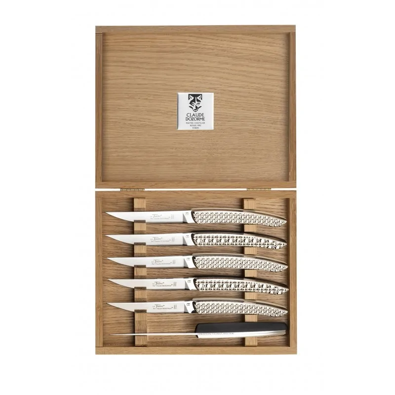 Claude Dozorme Thomas Bastide L'Ame Luxe Premium Table Knife Set of 6 – Diamond Pattern Handles, Oak Gift Box