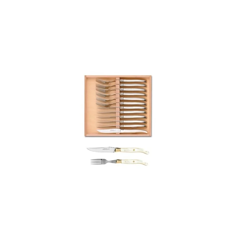 Claude Dozorme Laguiole Premium 12-Piece Set (6 Knives + 6 Forks) – Natural Nacrine Inlay Handles