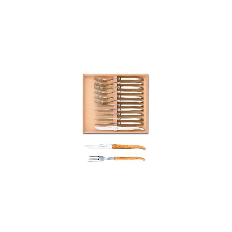 Claude Dozorme Laguiole Premium 12-Piece Set (6 Knives + 6 Forks) – Solid Olive Wood Handles