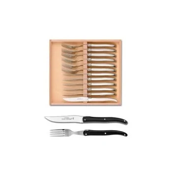 Claude Dozorme Laguiole Premium 12-Piece Set (6 Knives + 6 Forks) – Solid Black Handles, Timeless Style