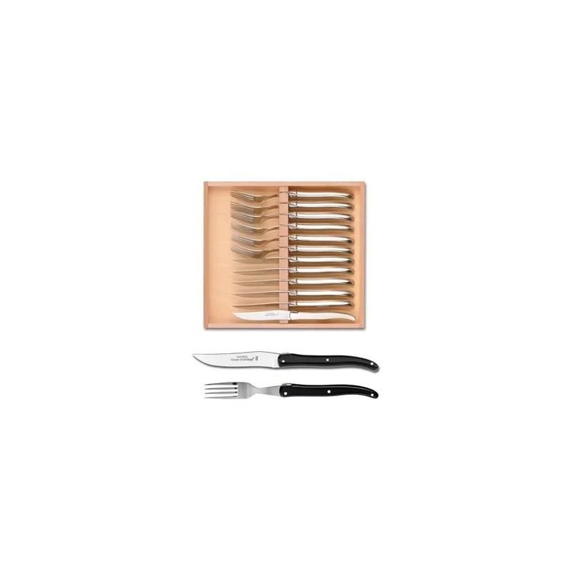 Claude Dozorme Laguiole Premium 12-Piece Set (6 Knives + 6 Forks) – Solid Black Handles, Timeless Style