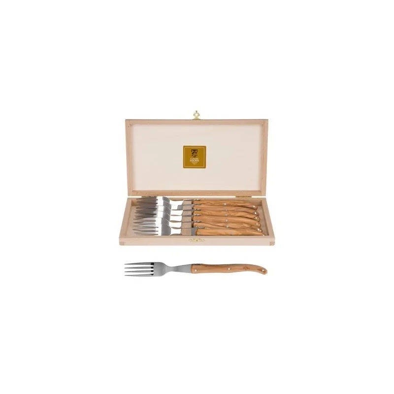 Claude Dozorme Laguiole Premium Fork Set of 6 – Solid Olive Wood Handles, Artisan Craftsmanship
