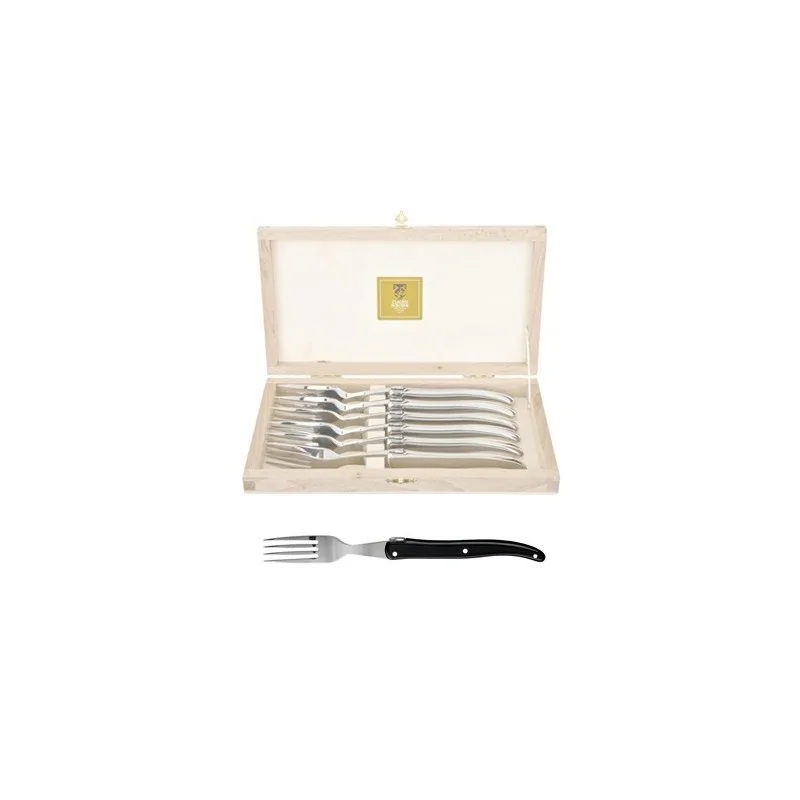 Claude Dozorme Laguiole Premium Fork Set of 6 – Solid Black Handle, Classic Design